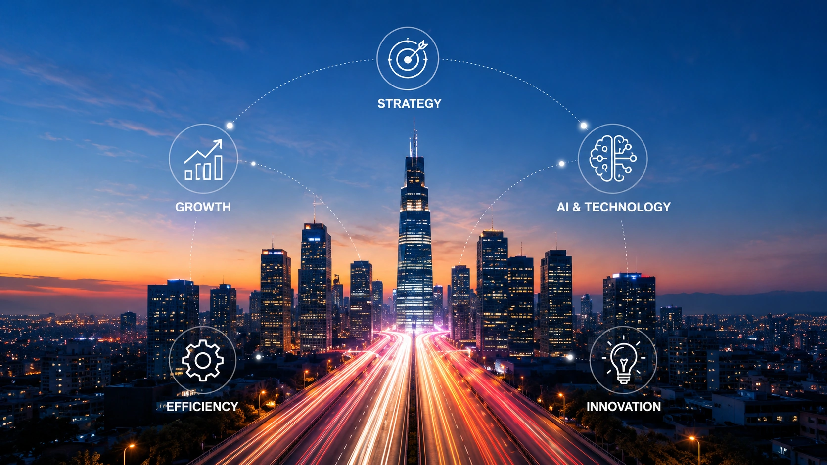 Connected enterprise city illustrating strategy, growth, technology, efficiency, and innovation